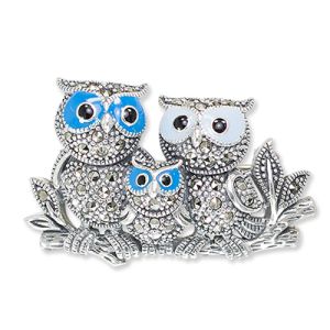 Enamel Marcasite Owl Family Silver Brooch