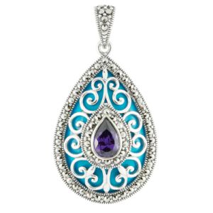 Pear Turquoise Halo & Scrollwork Overlay Pendant with Amethyst